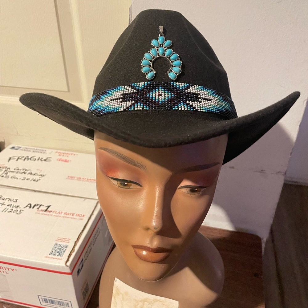 Custom Turquoise Squash Blossom Cowboy Hat. With Bohemian Headband